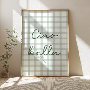 May include: A framed print with a green and white gingham pattern and the text "Ciao bella" in green cursive script.
