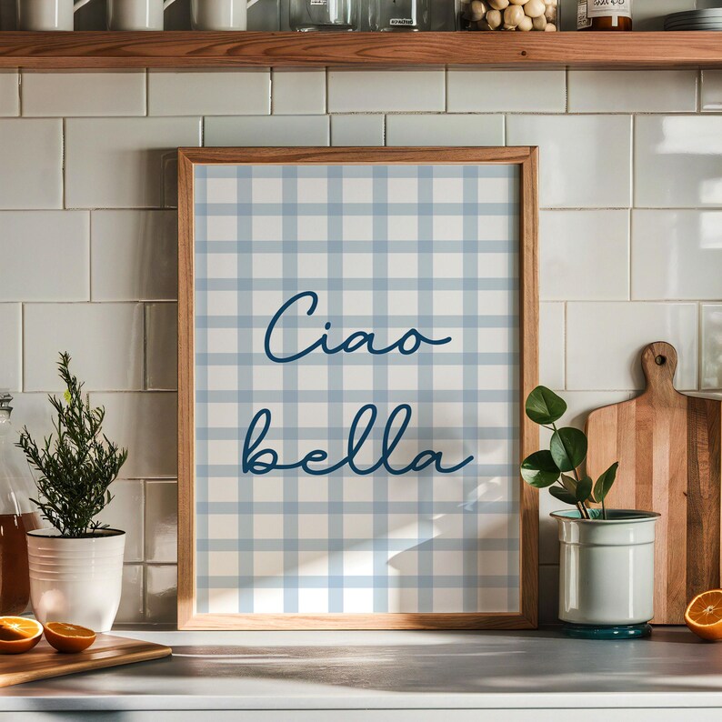 Puede incluir: Una impresi&oacute;n enmarcada con un patr&oacute;n de cuadros azules y blancos y el texto "Ciao bella" en una fuente azul oscuro cursiva.
