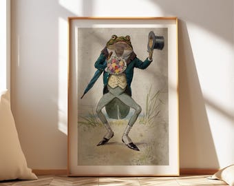 Vintage Frog Digital Art Print - Cottagecore Decor - Cute Animal Illustration - Retro Wall Art - Cute Frog Wall Art - Whimsical Frog Print