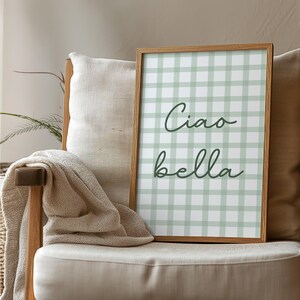 May include: A framed print with a green and white gingham pattern and the text "Ciao bella" in cursive.