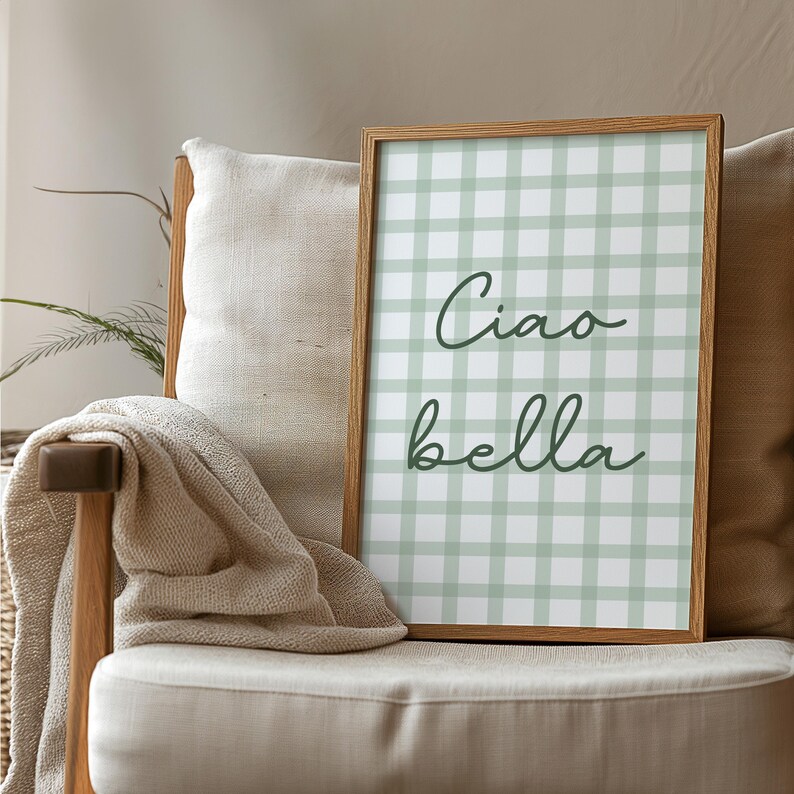 May include: A framed print with a green and white gingham pattern and the text "Ciao bella" in cursive.