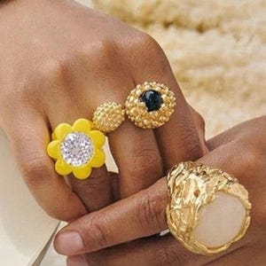 Vintage Gold Chunky Agate Stone Ring, Elegant Cocktail Party Jewellery, Statement Adjustable Natural Stone Rings 4 Women, Gifts For Him/Her