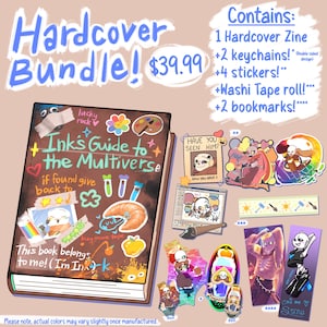 以下が含まれることがあります： 「Ink's Guide to the Multiverse」というタイトルのハードカバーのジン。茶色の表紙にカラフルなステッカーが貼られ、2つのキーホルダー、4枚のステッカー、マスキングテープ、キャラクターイラスト入りの2つのしおりがセットになっています。