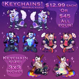 May include: Set of four double-sided keychains featuring colorful cartoon characters. Each keychain is 3x3 inches. The characters are in various poses and have different expressions. The keychains are available for $12.99 each or $45 for all four.