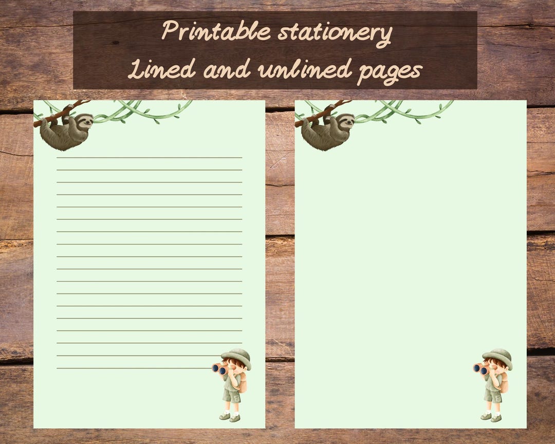 Printable Stationery, Kids Writing Paper, Jungle, Boy, Bradypus - Etsy