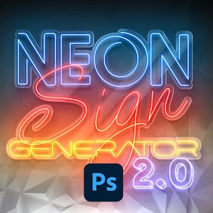 Könnte beinhalten: Ein moderner Schreibtisch-Setup mit einem Neon-Schild mit der Aufschrift "NEON Sign GENERATOR 2.0". Das Bild zeigt einen Computermonitor, einen Computer-Tower mit blauer Beleuchtung und den Text "YOUR LOGO HERE".