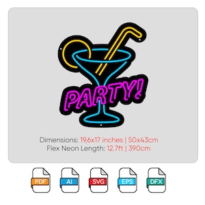 May include: Neon sign featuring a martini glass and the word "PARTY!" in pink. The sign measures 19.6 inches by 17 inches and has a flex neon length of 12.7 feet.