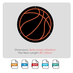May include: Circular black basketball design with orange detailing. The design measures 40x40cm. The image includes file type icons for PDF, AI, SVG, EPS, and DFX. The flex neon length is 245cm.
