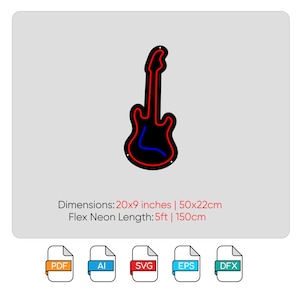 May include: Red neon guitar outline with a blue neon detail. Dimensions: 20x9 inches | 50x22cm. Flex Neon Length: 5ft | 150cm. Available in PDF, AI, SVG, EPS, and DFX file formats.
