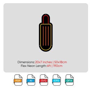 May include: Black neon sign with a red and yellow outline in the shape of a bottle. The sign is 50 cm by 18 cm and the neon flex is 190 cm long. The sign is available in PDF, AI, SVG, EPS, and DFX file formats.