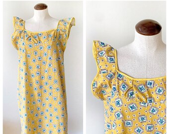 Vintage Feedsack Fabric Dress - Yellow Feedsack Fabric - Blue and Yellow Feedsack Dress - Postage Stamp Feedsack