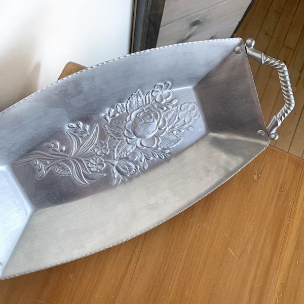 Vintage Aluminum Stamped Floral Tray - Vintage Silver Serving Tray - Vintage Home Decor - Hammered Aluminum Tray