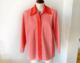 Vintage Sears Red Houndstooth Plaid Blouse - That 70s Show Clothes - Vintage Sears Blouse - Red Gingham Plaid Shirt