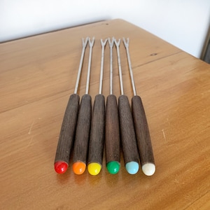 Vintage Fondue Rainbow Fork Set - Vintage Wood Fondue Fork - Fondue Forks - Set of Six Fondue Forks