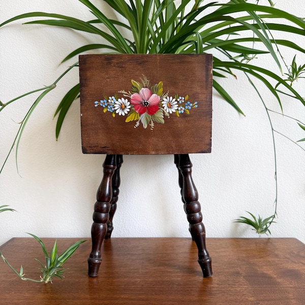 Vintage Brazilian Ziprinho Wood Planter Box Stand with Hand Painted Flower Design