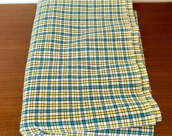 5.3 YARDS Vintage Cotton Plaid Woven Fabric - Vintage Fabric - Yellow and Teal Plaid - Vintage Dressmaking Suit-making Fabric