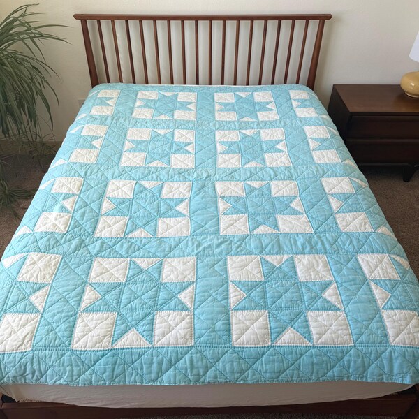 Vintage Ohio Star Turquoise and White Quilt - Ohio Star Quilt - 80”x 80”