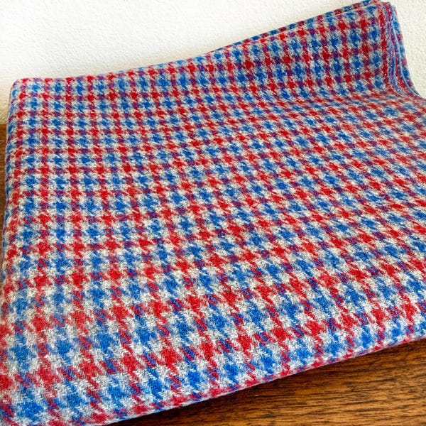 2.5 Yards Vintage Red, Blue and Grey Houndstooth Wool Suiting Fabric - 56” x 90”