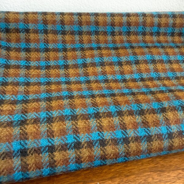 Vintage Blue and Brown Check Pattern Wool Tweed Suiting Fabric - 56” x 68”