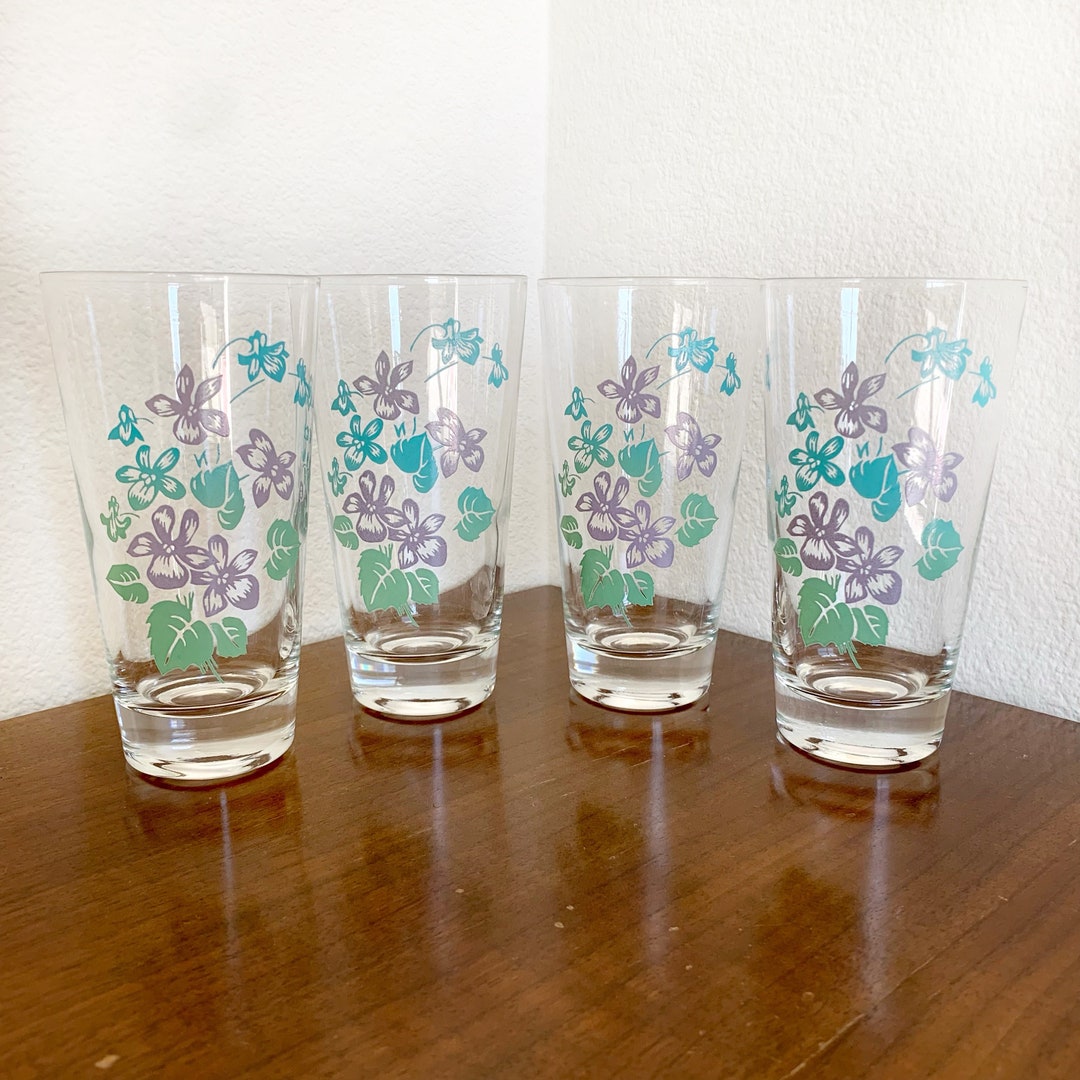 Set of Four 4 Vintage Violet Print Drinking Glasses Vintage Tall Glass