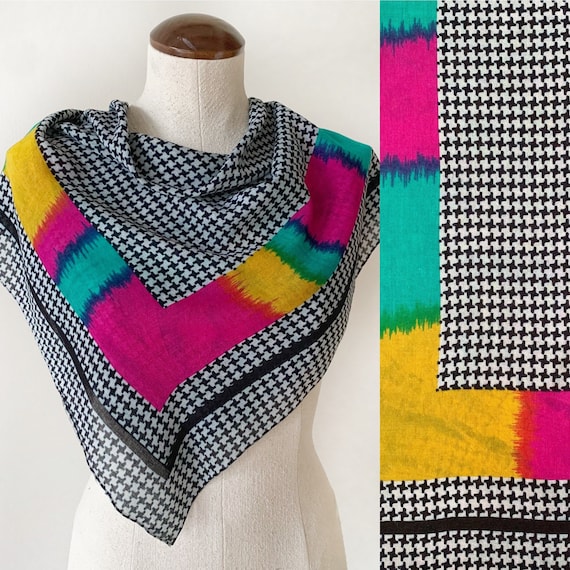Vintage Houndtooth and Neon Scarf - Vintage Neck S