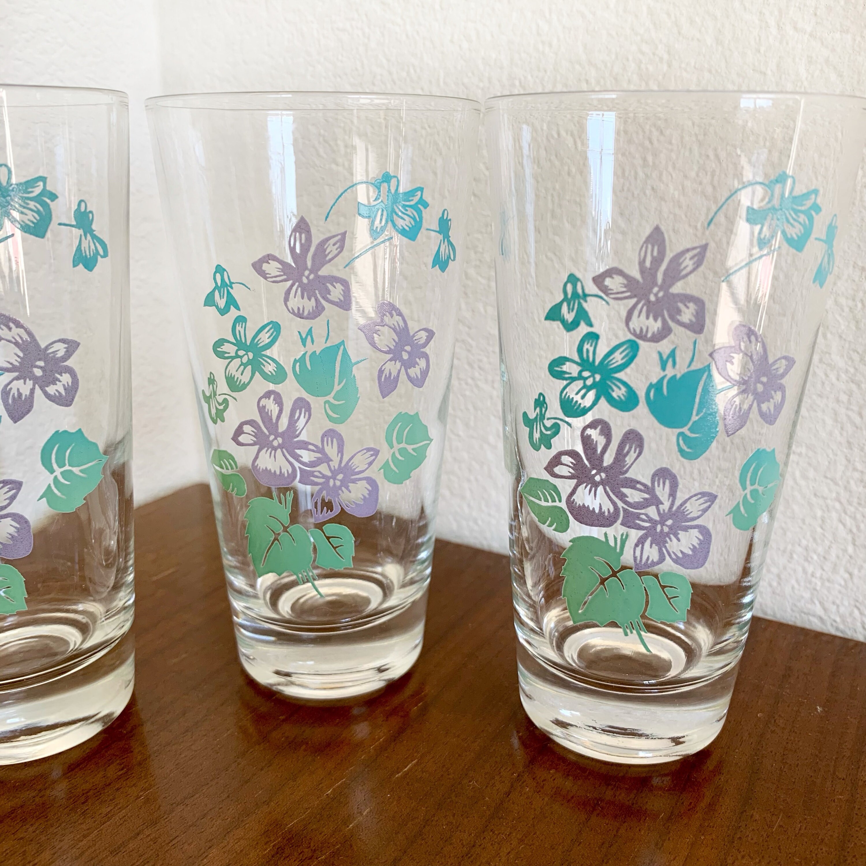 Set of Four 4 Vintage Violet Print Drinking Glasses Vintage Tall Glass