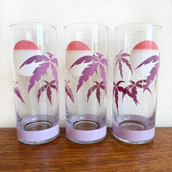 Vintage MCM Panache Purple Palm Tree Sunset Tropical Theme Glasses - Tall Tom Collins Barware - Set of 3