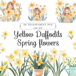 Clipart de acuarela de niñas con flores pequeñas, niña con flores jóvenes PNG, acuarela primavera narciso, clipart de narcisos amarillos, clipart de primavera, uso comercial