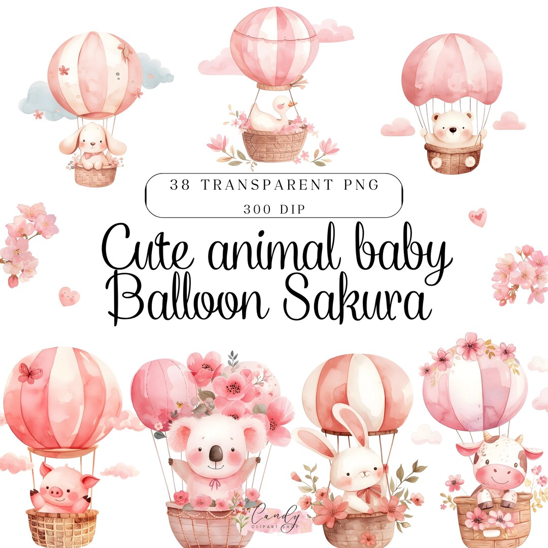 Watercolor Baby Animals Hot Air Balloon Clipart,cherry Blossom Flower ...