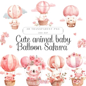 Aquarell Baby-Tiere Heißluftballon Clipart, Kirschblüte Blume Clipart, rosa Sakura PNG, niedlicher Tierballon Kindergarten, kommerzielle Nutzung
