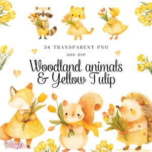 Aquarel babydieren gele tulpen clipart, gele tulp bloem png, bosdieren decor kinderkamer, commercieel gebruik, lentebloemen, tulpenPNG