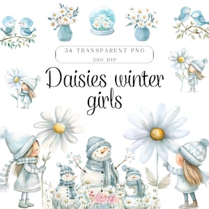 Boule de cristal aquarelle fleurs marguerite, filles fleurs marguerite, marguerites d'hiver, floral, jolie fille d'hiver, clipart marguerite bonhomme de neige, oiseaux, marguerites