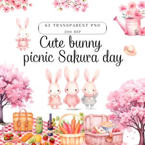Aquarell Häschen Picknick Clipart, Süßes Kaninchen Picknick, Rosa Häschen Clipart, Kirschblüten Blume, Aquarell Sakura PNG, Sakura Bäume, Frühling PNG