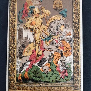 May include: A vintage postcard depicting a knight in armour on horseback slaying a dragon. The knight is shown in gold armour, while the dragon is green and red. The postcard has a gold frame and the text "Stad Mechelen Diploma XVIII Gouwfeest" at the bottom.