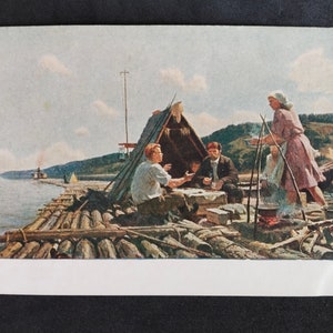 Carte postale URSS.Maison d'édition "Artiste soviétique". Moscou 1952.J.D.Romas Sur le radeau.
