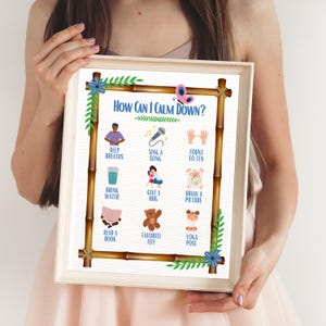 May include: A colourful printable poster with a bamboo border and a butterfly illustration. The poster lists ways to calm down, including deep breaths, singing a song, counting to ten, drinking water, giving a hug, drawing a picture, reading a book, playing with a favourite toy, and doing a yoga pose.