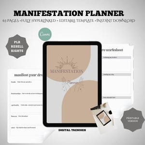 May include: A digital planner with a beige background and a graphic of two hands with a sunburst above them. The text "MANIFESTATION PLANNER" is at the top of the page. The text "DIGITAL TRENDIES" is at the bottom of the page.