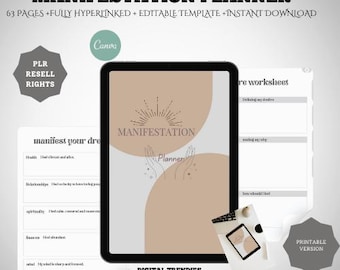 63-Page Manifestation Planner, Editable Canva Template (PLR Digital Workbook)