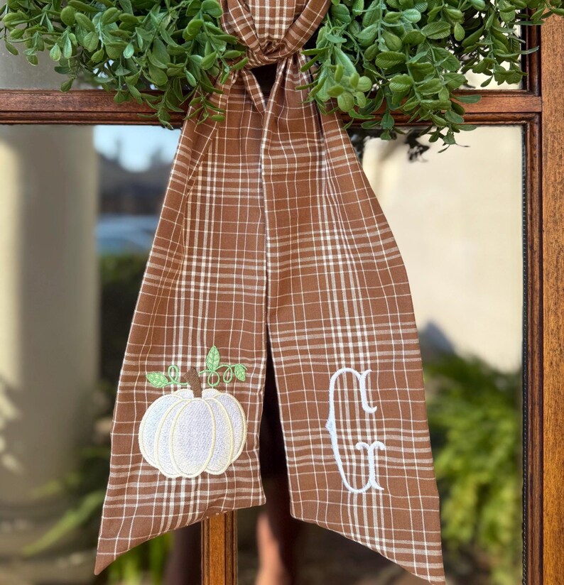 Fall Wreath Sash with Embroidered Initial/ White or Orange Pumpkin Option