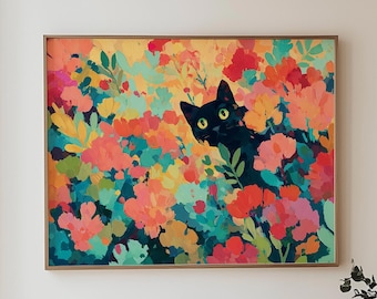 クロード・モネ「庭の花の中の黒猫」アートプリント – 印象派の油絵風