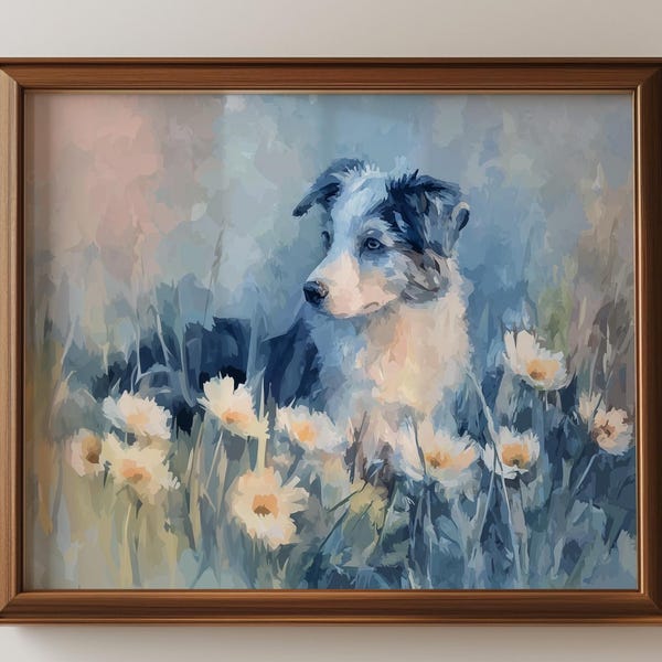 Border Collie Watercolor Art Print – Peaceful Puppy Among Daisies Pastel Countryside Wall Decor, Thoughtful Gift for Dog Lovers Dog Mom Gift