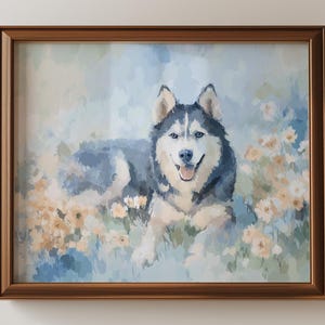 Impression d&#39;art floral aquarelle Husky de Sibérie - chien paisible dans une prairie pastel, décoration murale bleu pâle et beige, cadeau pour les amateurs de husky, maman chien