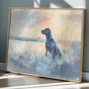 Stampa murale raffigurante un Labrador nero – Stampa ad acquerello di un Retriever all&#39;alba, scena rustica della natura per decorare una baita o come regalo per gli amanti dei cani.