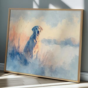 Watercolor Yellow Labrador Retriever Print – Lab in Winter Field at Sunrise, Peaceful Nature Scene, Rustic Cabin Wall Art, Dog Lover Gift