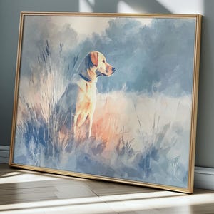 Watercolor Yellow Labrador Retriever Art – Lab Sitting in Tall Grass at Sunrise, Rustic Nature Scene, Farmhouse or Cabin Wall Decor