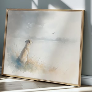 Stampa acquerello di Labrador Retriever giallo - Arte del paesaggio palustre, Decorazione rustica per baita, Dipinto di cane da caccia, Regalo di arte murale naturalistica