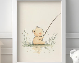 Teddy Bear Fishing Print | Nursery Wall Decor for Boys | Baby Room Wall Art | Animal-Themed Nursery Print | Digital Baby Wall Decor