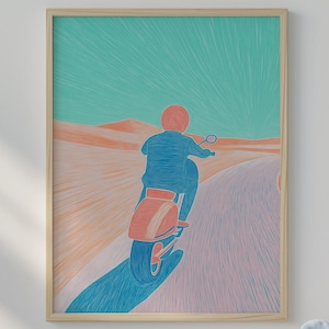 Retro Vespa Scooter Wall Art – Vibrant Pastel Road Trip Print, Nostalgic Adventure Decor, Vintage Travel Illustration