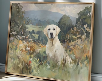 Oljemålning med gul labrador – Väggkonst med rustik lantlig hund