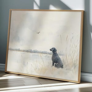 Acquerello Labrador Retriever Dog Art – Labrador nero sul lago, scena di caccia serena, arredamento rustico della natura, stampa murale della capanna del cacciatore